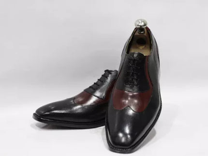 Men Two Tone Black and Maroon Leather Wing Tip formal Lace Up Dress Shoes, Handmade Dress Shoes