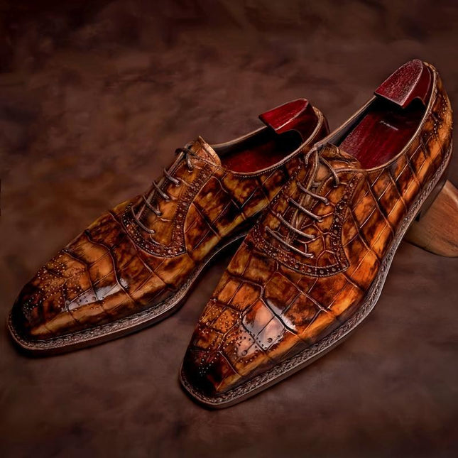 Handmade Men Shaded Tan Brown Crocodile Leather Lace Up Dress Shoes, Office Shoe