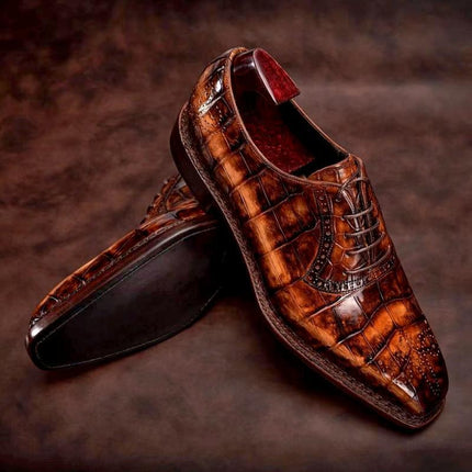 Handmade Men Shaded Tan Brown Crocodile Leather Lace Up Dress Shoes, Office Shoe