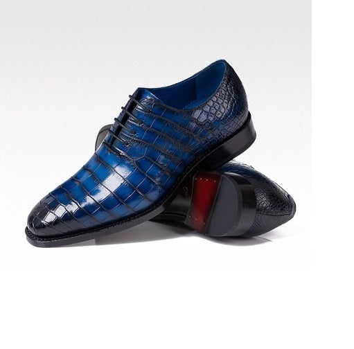 Handmade Men Shaded Blue Crocodile Leather Lace Up Dress Shoes, Office Shoe