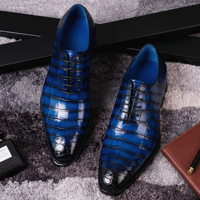Handmade Men Shaded Blue Crocodile Leather Lace Up Dress Shoes, Office Shoe