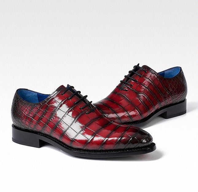 Handmade Men Shaded Red Crocodile Leather Lace Up Dress Shoes, Office Shoe
