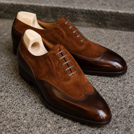 Handmade men brown leather & suede wing tip lace up dress shoes, Brogue office shoes
