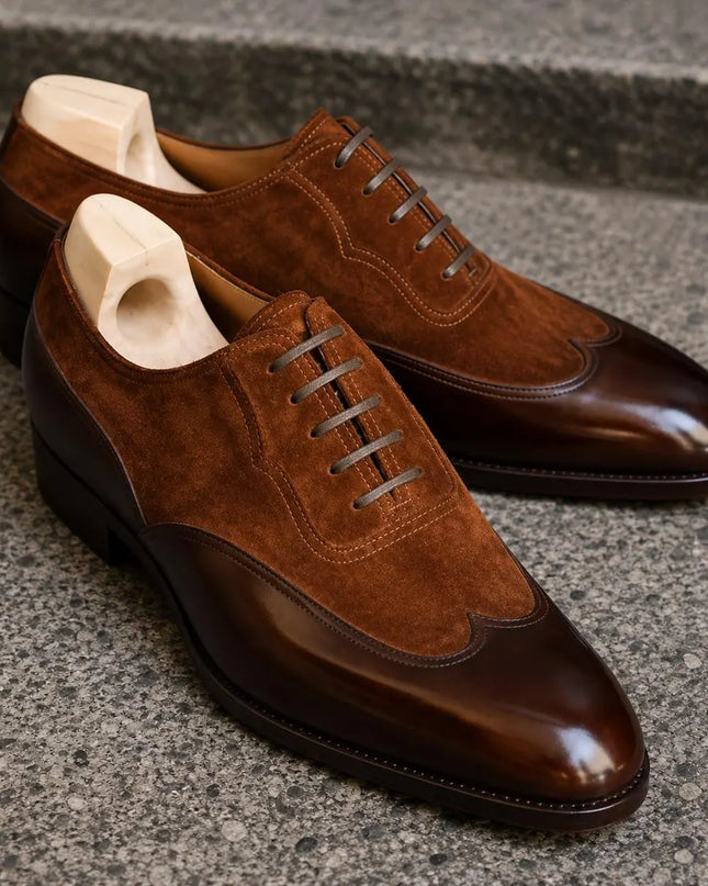 Handmade men brown leather & suede wing tip lace up dress shoes, Brogue office shoes