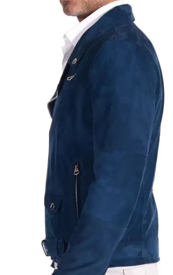 Handmade Men’s Navy Blue Suede Leather Biker Jacket For Men