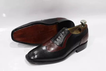 Men Two Tone Black and Maroon Leather Wing Tip formal Lace Up Dress Shoes, Handmade Dress Shoes