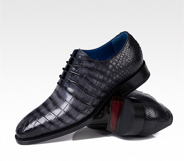 Handmade Men Shaded Gray Crocodile Leather Lace Up Dress Shoes, Office Shoe