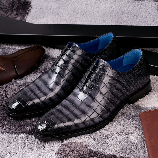 Handmade Men Shaded Gray Crocodile Leather Lace Up Dress Shoes, Office Shoe