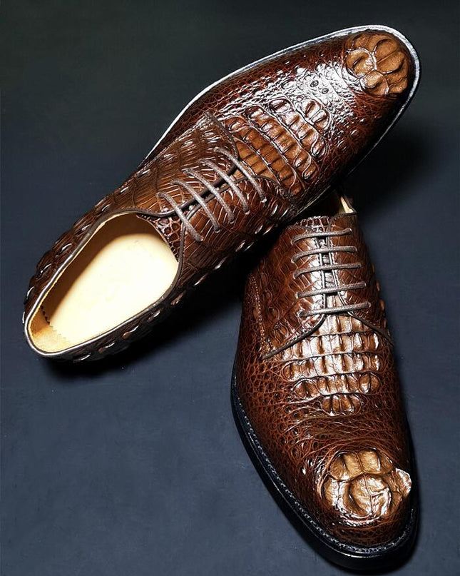 Handmade Men Dark Brown Derby Crocodile Leather Lace Up Dress Shoes, Office Shoe