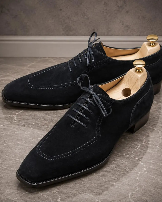 Handmade men black suede lace up dress shoes, office shoes for mens