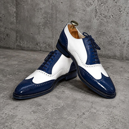 Handmade men white & blue leather lace up wingtip office shoes, Formal brogue dress Shoes