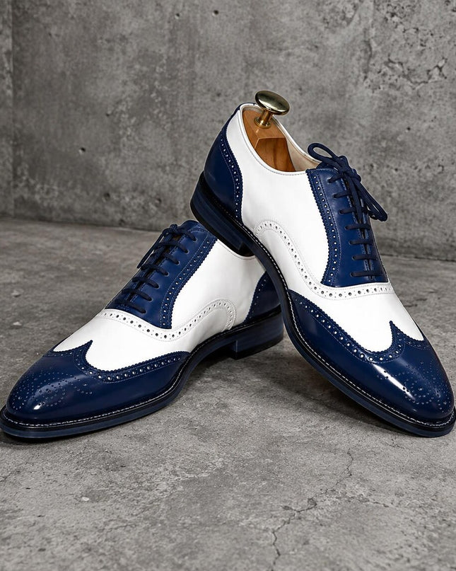 Handmade men white & blue leather lace up wingtip office shoes, Formal brogue dress Shoes