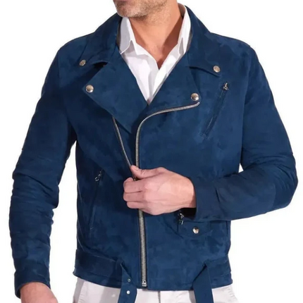 Handmade Men’s Navy Blue Suede Leather Biker Jacket For Men