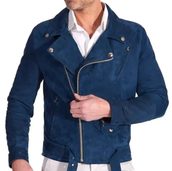 Handmade Men’s Navy Blue Suede Leather Biker Jacket For Men