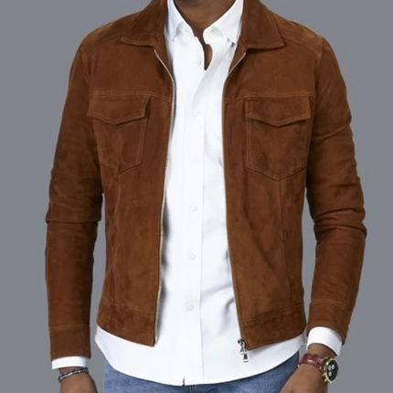 Handmade Men Tan Suede Biker Jacket, Formal Jacket For Men With Pockets Jacket