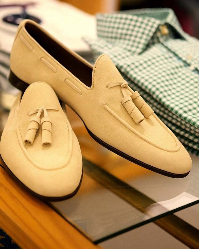 Handmade Men Beige Color Suede Office Moccasins For Mens, Tassels Shoes For Mens
