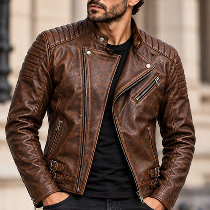 Handmade Men Brown Leather Striped Zipper Jacket, Biker Jacket For Men