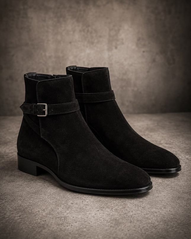 Handmade black suede monk strap jodhpur ankle boots, Dress boots for mens