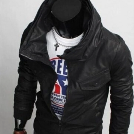 Handmade Men Black Style Hooded Leather Jacket, Slim Fit Leather Jacket