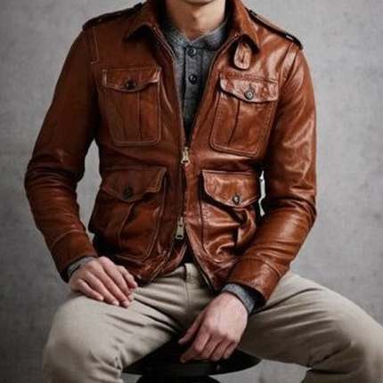 Handmade Men Brown Leather Jacket, Zipper Jacket For Men With Cargo Pockets Jacket For Men
