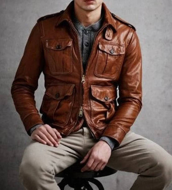 Handmade Men Brown Leather Jacket, Zipper Jacket For Men With Cargo Pockets Jacket For Men