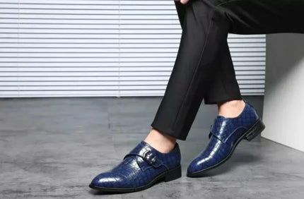 Handmade men blue monk strap shoes, crocodile textured leather shoes, dress shoe