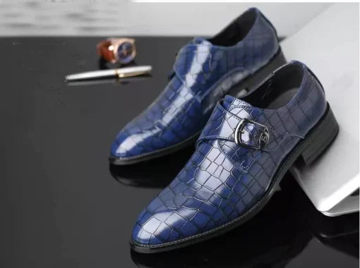Handmade men blue monk strap shoes, crocodile textured leather shoes, dress shoe