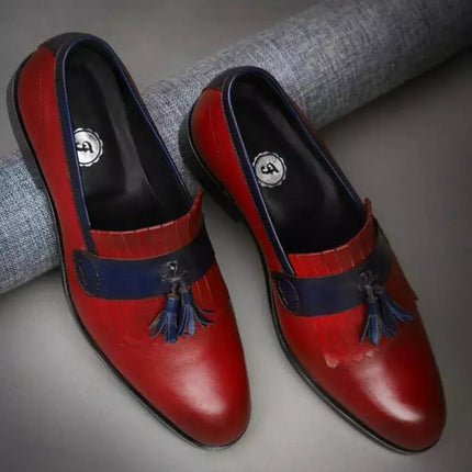 Handmade Men Red and Blue Leather Tassel Loafer Shoes, Men Party slip on Shoes