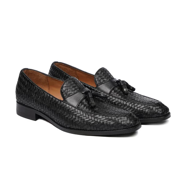 Handmade Men Black Chiatai Woven Leather Tassels Party Wear Loafers, Formal Shoe