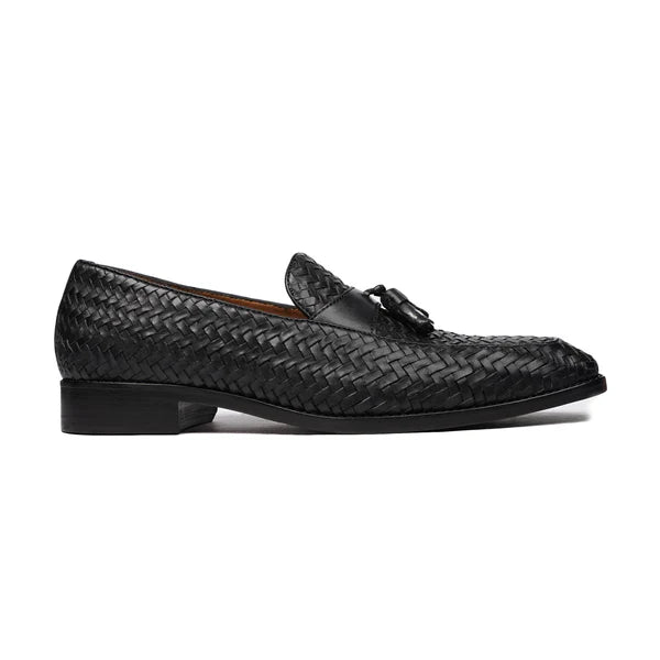 Handmade Men Black Chiatai Woven Leather Tassels Party Wear Loafers, Formal Shoe