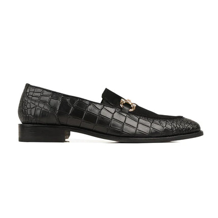 Handmade Men Black Crocodile Leather & Suede Moccasins Office Dress Shoes