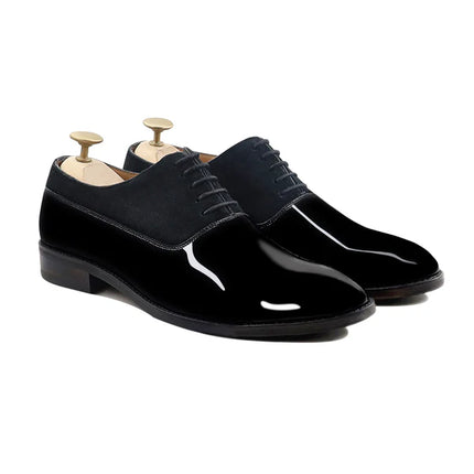 Handmade Men Black Patent Black Leather & Suede Lace Up Office Dress Shoes