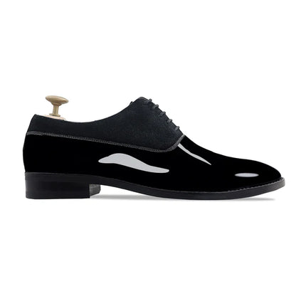 Handmade Men Black Patent Black Leather & Suede Lace Up Office Dress Shoes