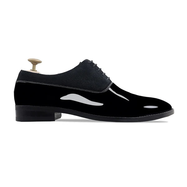 Handmade Men Black Patent Black Leather & Suede Lace Up Office Dress Shoes