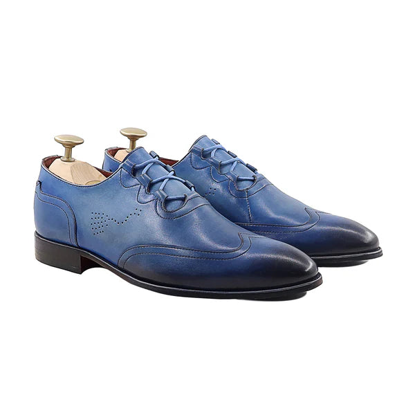 Handmade Men Shaded Blue Wing Tip Leather Lace Up Dress Shoes, Business Shoes