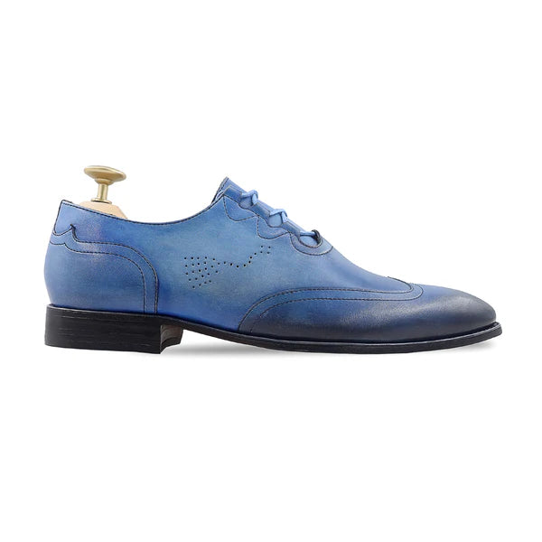 Handmade Men Shaded Blue Wing Tip Leather Lace Up Dress Shoes, Business Shoes