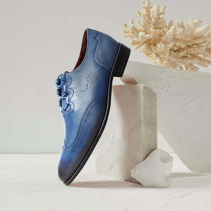 Handmade Men Shaded Blue Wing Tip Leather Lace Up Dress Shoes, Business Shoes