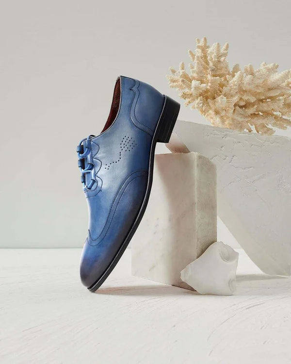 Handmade Men Shaded Blue Wing Tip Leather Lace Up Dress Shoes, Business Shoes