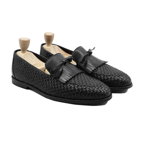 Handmade Men Black Chitai Woven Leather Fringes Moccasins, Tassels Slip On Shoes