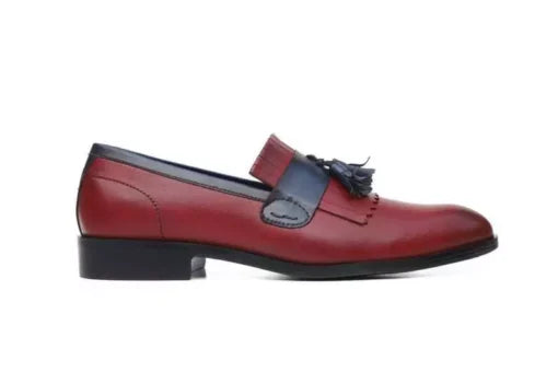 Handmade Men Red and Blue Leather Tassel Loafer Shoes, Men Party slip on Shoes