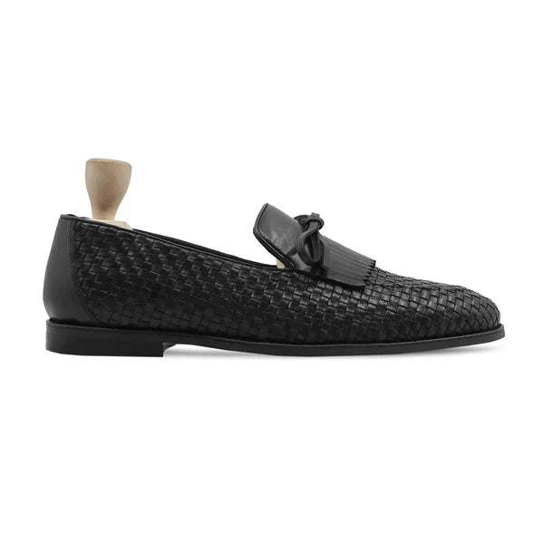 Handmade Men Black Chitai Woven Leather Fringes Moccasins, Tassels Slip On Shoes