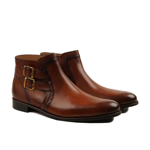 Handmade Men Brown Leather Stylish Brogue Low Ankle Double Buckle Office Boots