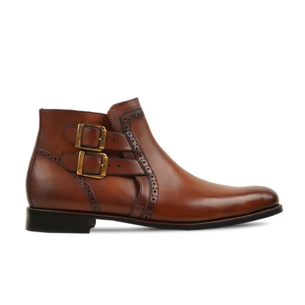 Handmade Men Brown Leather Stylish Brogue Low Ankle Double Buckle Office Boots
