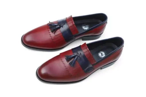Handmade Men Red and Blue Leather Tassel Loafer Shoes, Men Party slip on Shoes