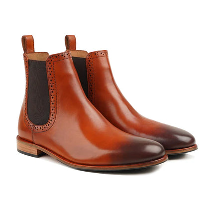Handmade Men Burnished Tan Leather Stylish Pull On Ankle Chelsea Office Boot