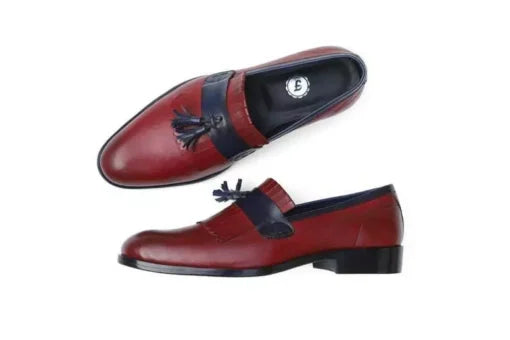 Handmade Men Red and Blue Leather Tassel Loafer Shoes, Men Party slip on Shoes