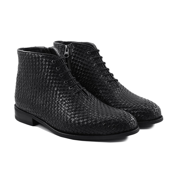 Handmade Men Black Woven Leather Chukka Lace Up Dress Boot, Party Ankle Boot