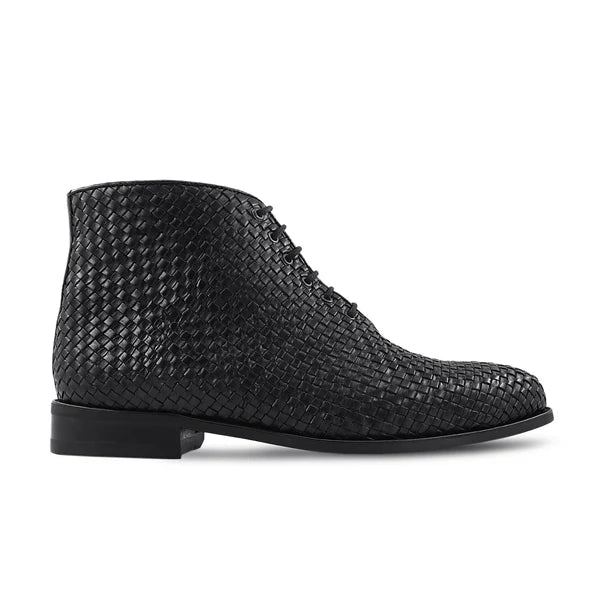 Handmade Men Black Woven Leather Chukka Lace Up Dress Boot, Party Ankle Boot