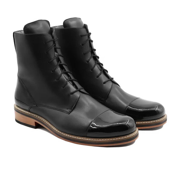 Handmade Men Black Leather High Ankle Lace Up Hiking Boot, Jungle Boots For Mens