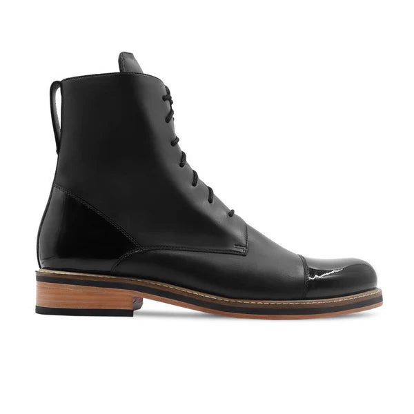 Handmade Men Black Leather High Ankle Lace Up Hiking Boot, Jungle Boots For Mens